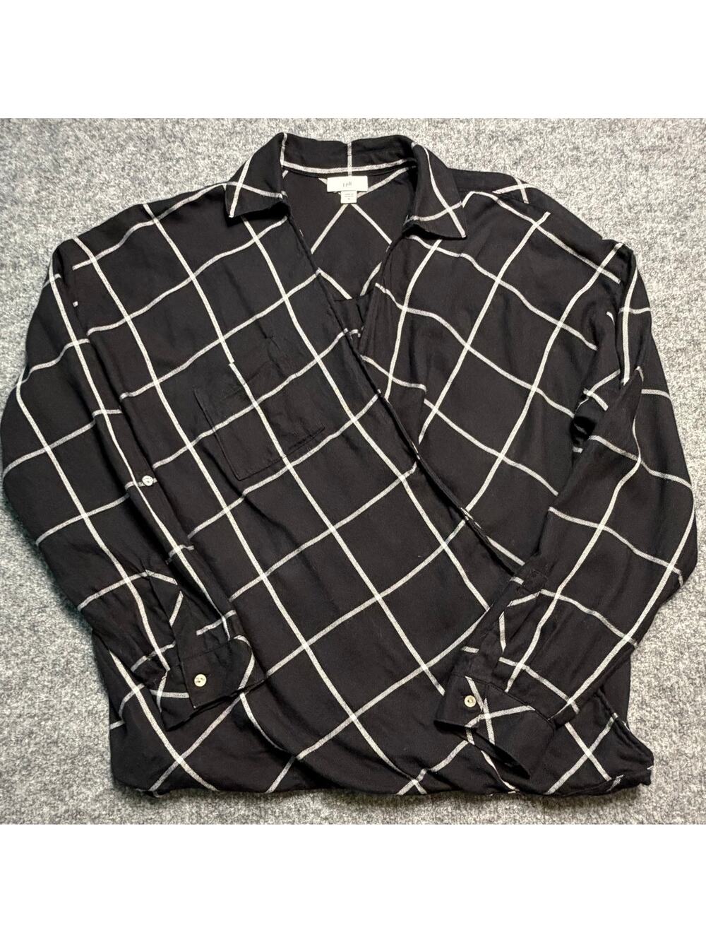 J. Jill Black White Windowpane Plaid‎ Cotton Modal Popover Top Size Medium